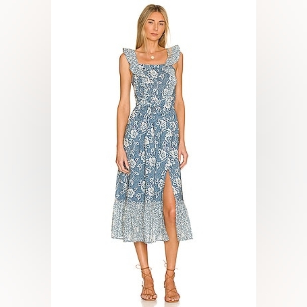 PAIGE Blue and White Floral Midi Dress